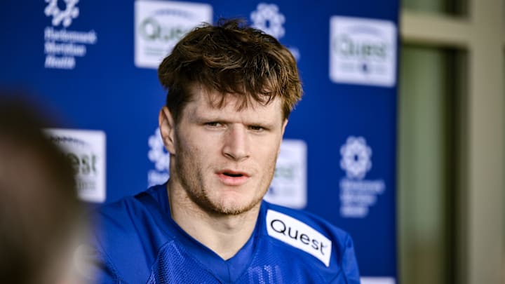 May 10, 2025; East Rutherford, NJ, USA; New York Giants tight end Thomas Fidone II (86) speaks during a press conference after rookie minicamp at Quest Diagnostics Training Center. Mandatory Credit: John Jones-Imagn Images May 10, 2025; East Rutherford, NJ, USA; New York Giants tight end Thomas Fidone II (86) speaks during a press conference after rookie minicamp at Quest Diagnostics Training Center. Mandatory Credit: John Jones-Imagn Images