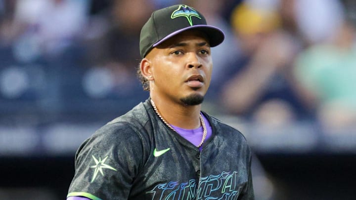 Jul 22, 2025; Tampa, Florida, USA; Tampa Bay Rays pitcher Edwin Uceta (63) looks on against the Chicago White Sox in the fifth inning at George M. Steinbrenner Field. Mandatory Credit: Nathan Ray Seebeck-Imagn Images