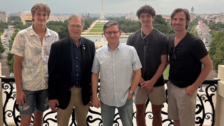 Pictured from the left: Philip Babin, Congressman Brian Babin, Speaker Mike Johnson, Luke Babin and model, actor and current Texas District Attorney Lucas Babin pose for a photo during a recent visit to the White House in Washington D.C.