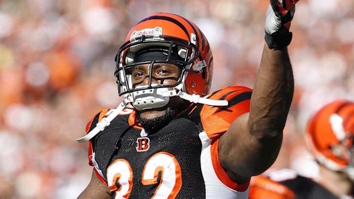 Oct 28, 2006; Cincinnati, OH, USA; Cincinnati Bengals running back (32) Rudi Johnson celebrates a touchdown against the Atlanta Falcons in the first quarter at Paul Brown Stadium. Mandatory Credit: Matthew Emmons-Imagn Images © copyright Matthew Emmons