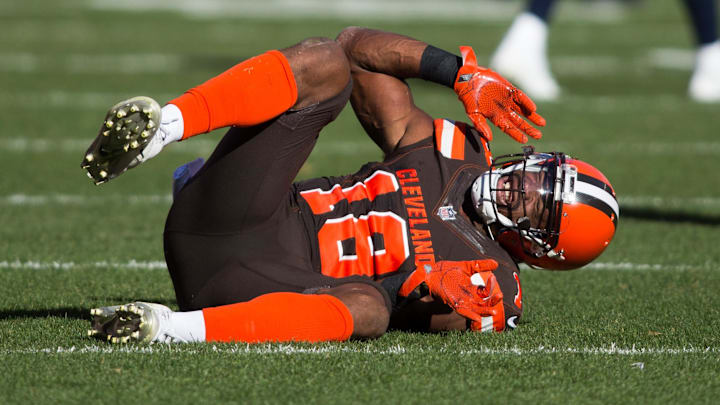 Oct 22, 2017; Cleveland, OH, USA; Cleveland Browns wide receiver Kenny Britt (18) rolls on the ground after suffering an apparent injury during overtime against the Tennessee Titans at FirstEnergy Stadium. Mandatory Credit: Scott R. Galvin-Imagn Images