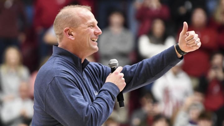 Jan 16, 2024; Tuscaloosa, Alabama, USA; New Alabama head football coach Kalen DeBoer is introduced to fans during the first half of the Alabama game with Missouri at Coleman Coliseum. Mandatory Credit: Gary Cosby Jr.-USA TODAY Sports
