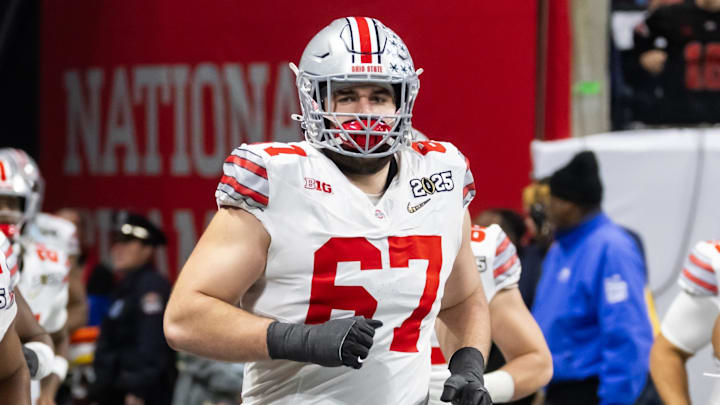 Jan 20, 2025; Atlanta, GA, USA; Ohio State Buckeyes offensive lineman Austin Siereveld (67) against the Notre Dame Fighting Irish during the CFP National Championship college football game at Mercedes-Benz Stadium. Mandatory Credit: Mark J. Rebilas-Imagn Images