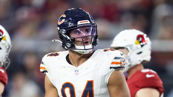 Nov 3, 2024; Glendale, Arizona, USA; Chicago Bears defensive end Austin Booker (94) against the Arizona Cardinals at State Farm Stadium. Mandatory Credit: Mark J. Rebilas-Imagn Images
