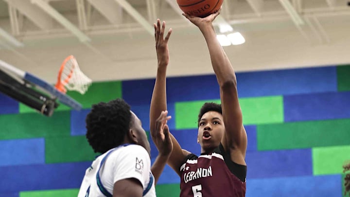 Lebanon forward Anthony Thompson (5) shoots the ball during their 50-61 loss to Winton Woods Friday, Jan. 5, 2024.