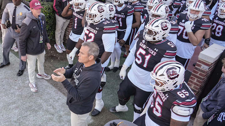 South Carolina Head Coach Shane Beamer claps before he and the team enter the field before the game with Clemson at Williams-Brice Stadium in Columbia, S.C. Saturday, November 29, 2025.