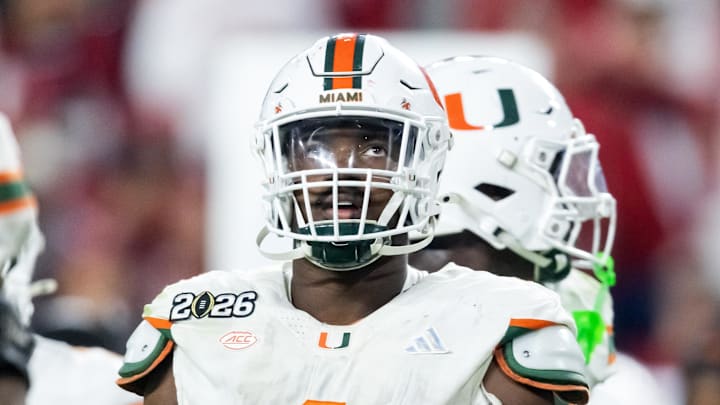 Jan 19, 2026; Miami Gardens, FL, USA; Miami Hurricanes defensive lineman Rueben Bain Jr. (4) against the Indiana Hoosiers during the College Football Playoff National Championship game at Hard Rock Stadium. Mandatory Credit: Mark J. Rebilas-Imagn Images Jan 19, 2026; Miami Gardens, FL, USA; Miami Hurricanes defensive lineman Rueben Bain Jr. (4) against the Indiana Hoosiers during the College Football Playoff National Championship game at Hard Rock Stadium. Mandatory Credit: Mark J. Rebilas-Imagn Images