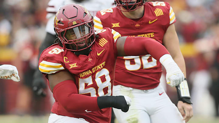 Iowa State Cyclones defensive line J.R. Singleton (58) celebrates after a tackle against Texas Tech during the second quarter in the NCAA football at Jack Trice Stadium on Saturday, Nov. 2, 2024, in Ames, Iowa.