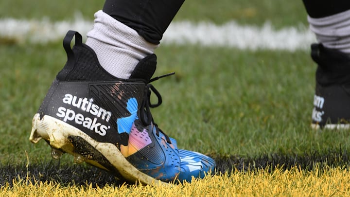 Dec 3, 2023; Pittsburgh, Pennsylvania, USA; Pittsburgh Steelers lineman Spencer Anderson (74) wears his My Cleats My Cause shoes supporting Autism Speaks before playing the Arizona Cardinals at Acrisure Stadium. Mandatory Credit: Philip G. Pavely-Imagn Images