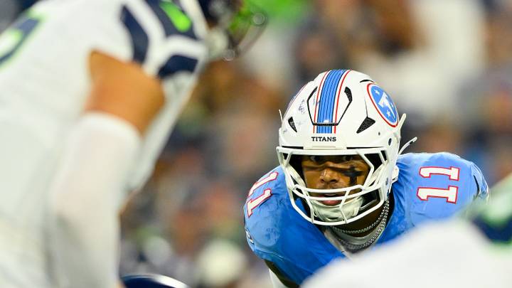 Aug 23, 2026; Nashville, Tennessee, USA; Tennessee Titans defensive end Jermaine Johnson II (11) sneaks a peak into the backfield against the Seattle Seahawks during the first half at Nissan Stadium. Mandatory Credit: Steve Roberts-Imagn Images Aug 23, 2026; Nashville, Tennessee, USA; Tennessee Titans defensive end Jermaine Johnson II (11) sneaks a peak into the backfield against the Seattle Seahawks during the first half at Nissan Stadium. Mandatory Credit: Steve Roberts-Imagn Images