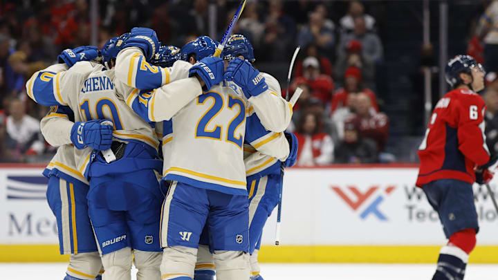 Feb 27, 2025; Washington, District of Columbia, USA; St. Louis Blues center Dylan Holloway (81) celebrates with teammates after scoring a goal against the Washington Capitals in the second period at Capital One Arena. Mandatory Credit: Geoff Burke-Imagn Images