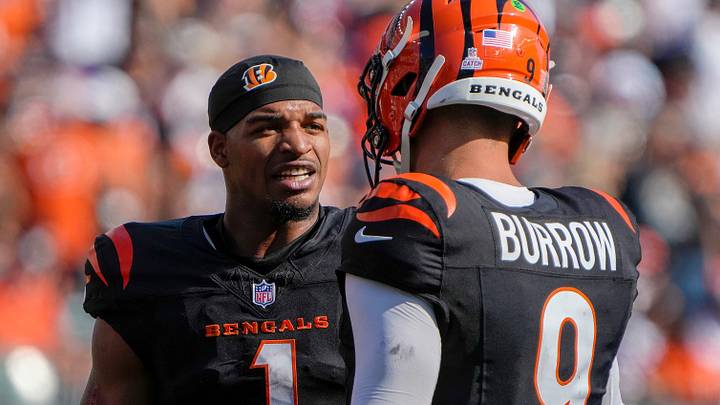 Cincinnati Bengals wide receiver Ja'Marr Chase (1) and quarterback Joe Burrow (9) talk during a timeout in Sunday, October 6, 2024, at Payor Stadium. The Bengals lost to the Baltimore Ravens 41-38 in overtime. Cincinnati Bengals wide receiver Ja'Marr Chase (1) and quarterback Joe Burrow (9) talk during a timeout in Sunday, October 6, 2024, at Payor Stadium. The Bengals lost to the Baltimore Ravens 41-38 in overtime.