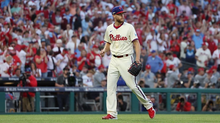 Oct 5, 2024; Philadelphia, PA, USA; Philadelphia Phillies pitcher Zack Wheeler (45) reacts in the seventh inning against the New York Mets in game one of the NLDS for the 2024 MLB Playoffs at Citizens Bank Park. Oct 5, 2024; Philadelphia, PA, USA; Philadelphia Phillies pitcher Zack Wheeler (45) reacts in the seventh inning against the New York Mets in game one of the NLDS for the 2024 MLB Playoffs at Citizens Bank Park.