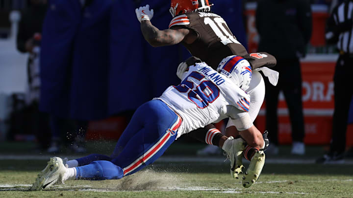 Dec 21, 2025; Cleveland, Ohio, USA; Cleveland Browns running back Quinshon Judkins (10) is tackled by Buffalo Bills linebacker Matt Milano (58) during the first half at Huntington Bank Field. Judkins was carted off the field with an apparent injury following this play. Mandatory Credit: Scott Galvin-Imagn Images Dec 21, 2025; Cleveland, Ohio, USA; Cleveland Browns running back Quinshon Judkins (10) is tackled by Buffalo Bills linebacker Matt Milano (58) during the first half at Huntington Bank Field. Judkins was carted off the field with an apparent injury following this play. Mandatory Credit: Scott Galvin-Imagn Images