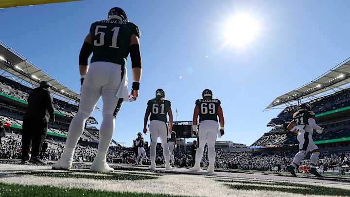 Philadelphia Eagles center Cam Jurgens (51) warms up.