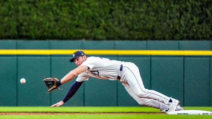 Detroit Tigers Colt Keith stretches out for a line drive, during the Major League Baseball game between the Detroit Tigers and the Tampa Bay Rays at Comerica Park in Detroit on Wednesday, Sept. 25, 2024.