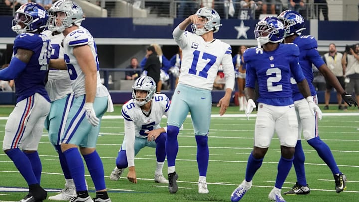 Dallas Cowboys kicker Brandon Aubrey watches his field goal against the Giants to tie the game during the fourth quarter.