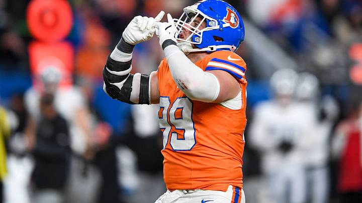 DENVER, CO - NOVEMBER 06: Zach Allen 99 of the Denver Broncos, celebrates after a play during a game between the Las Vegas Raiders and the Denver Broncos at Empower Field at Mile High in Denver, CO on November 06, 2025. DENVER, CO - NOVEMBER 06: Zach Allen 99 of the Denver Broncos, celebrates after a play during a game between the Las Vegas Raiders and the Denver Broncos at Empower Field at Mile High in Denver, CO on November 06, 2025.