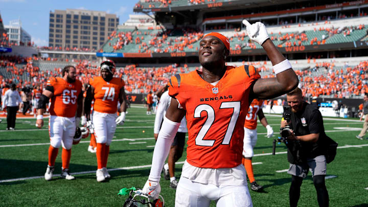 Cincinnati Bengals safety Jordan Battle (27) celebrates the Bengals 27-31 win over the Jacksonville Jaguars at Paycor Stadium on Sunday, September 14, 2025. Cincinnati Bengals safety Jordan Battle (27) celebrates the Bengals 27-31 win over the Jacksonville Jaguars at Paycor Stadium on Sunday, September 14, 2025.