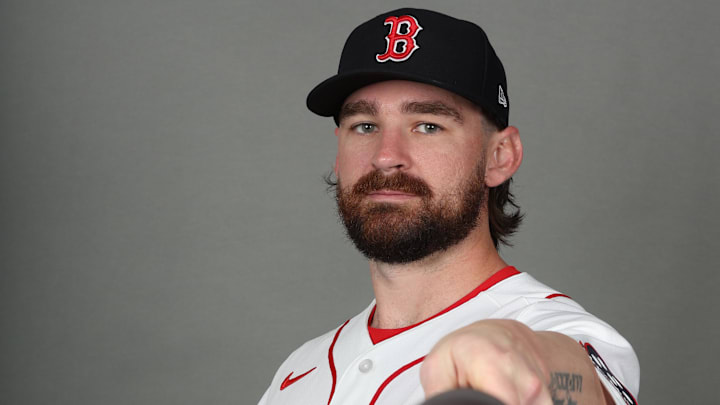 Feb 17, 2026; Lee County, FL, USA;  Boston Red Sox infielder Brendan Rodgers (5) poses for a photo during media day at JetBlue Park. Mandatory Credit: Kim Klement Neitzel-Imagn Images