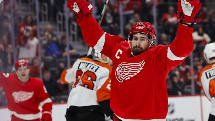Detroit Red Wings center Dylan Larkin (71) celebrates after scoring a goal.