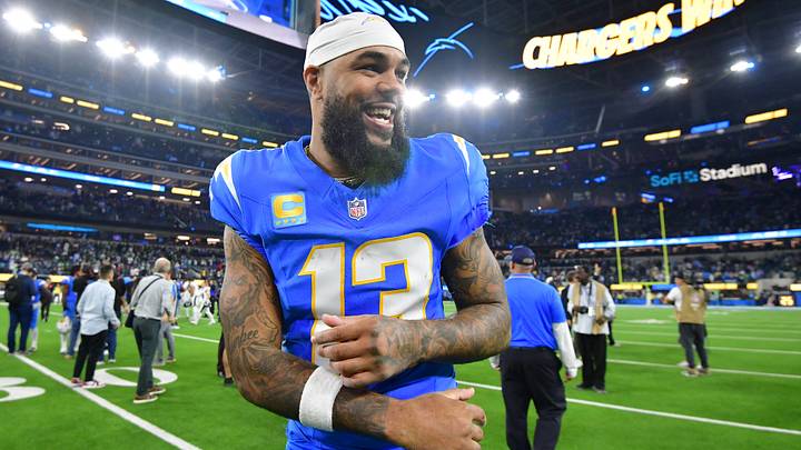 Los Angeles Chargers wide receiver Keenan Allen (13) celebrates after defeating the Philadelphia Eagles at SoFi Stadium. Mandatory Credit: Gary A. Vasquez-Imagn Images Los Angeles Chargers wide receiver Keenan Allen (13) celebrates after defeating the Philadelphia Eagles at SoFi Stadium. Mandatory Credit: Gary A. Vasquez-Imagn Images
