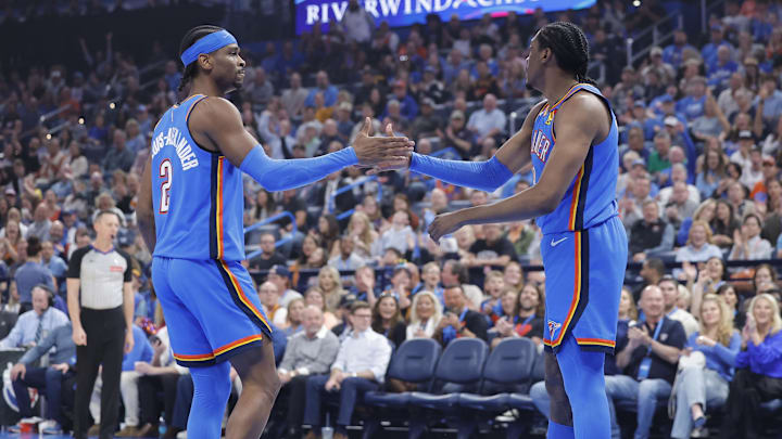 Apr 2, 2025; Oklahoma City, Oklahoma, USA; Oklahoma City Thunder guard Shai Gilgeous-Alexander (2) and forward Jalen Williams (8) high-five after a play against the Detroit Pistons during the first quarter at Paycom Center. Mandatory Credit: Alonzo Adams-Imagn Images Apr 2, 2025; Oklahoma City, Oklahoma, USA; Oklahoma City Thunder guard Shai Gilgeous-Alexander (2) and forward Jalen Williams (8) high-five after a play against the Detroit Pistons during the first quarter at Paycom Center. Mandatory Credit: Alonzo Adams-Imagn Images