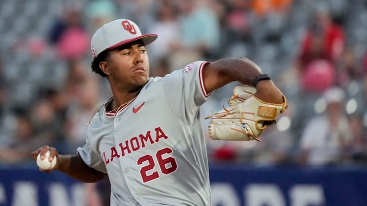 May 21, 2025; Hoover, AL, USA; Oklahoma pitcher Kyson Witherspoon (26) pitches against Georgia in the second round of the SEC Baseball Tournament at the Hoover Met.