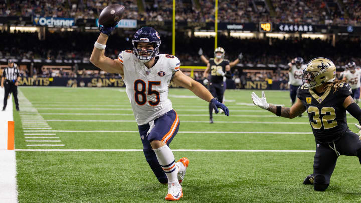 Cole Kmet scores against the Saints in New Orleans. Kmet could be challenged to come up with numbers like he had last year.