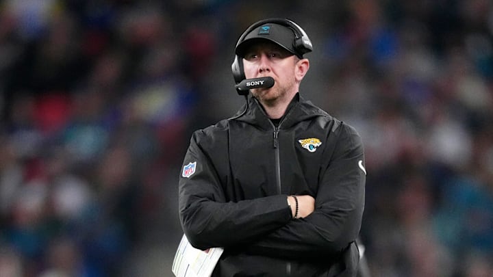 Oct 19, 2025; London, United Kingdom; Jacksonville Jaguars head coach Liam Coen looks on during the second half of an NFL International Series game at Wembley Stadium. Mandatory Credit: Kirby Lee-Imagn Images