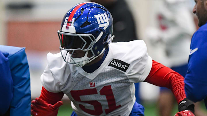May 9, 2025; East Rutherford, NJ, USA; New York Giants linebacker Abdul Carter (51) participates in a drill during rookie minicamp at Quest Diagnostics Training Center. Mandatory Credit: John Jones-Imagn Images