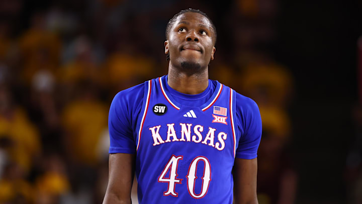 Mar 3, 2026; Tempe, Arizona, USA; Kansas Jayhawks forward Flory Bidunga (40) against the Arizona State Sun Devils at Desert Financial Arena. Mandatory Credit: Mark J. Rebilas-Imagn Images Mar 3, 2026; Tempe, Arizona, USA; Kansas Jayhawks forward Flory Bidunga (40) against the Arizona State Sun Devils at Desert Financial Arena. Mandatory Credit: Mark J. Rebilas-Imagn Images
