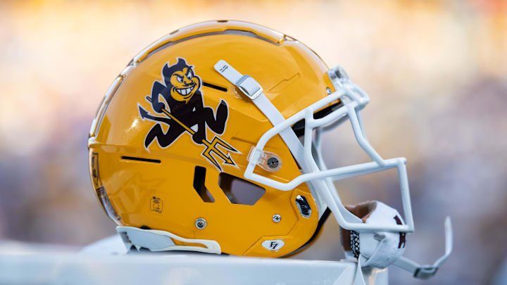 Nov 23, 2024; Tempe, Arizona, USA; Detailed view of an Arizona State Sun Devils helmet at Mountain America Stadium. Mandatory Credit: Mark J. Rebilas-Imagn Images