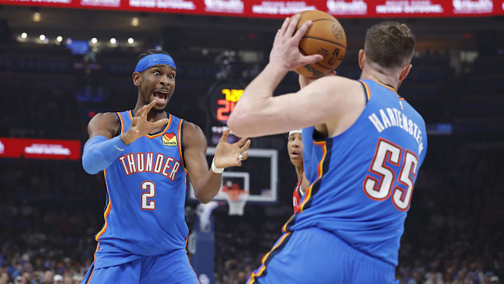 Nov 2, 2025; Oklahoma City, Oklahoma, USAOklahoma City Thunder guard Shai Gilgeous-Alexander (2) yells for the ball after Oklahoma City Thunder center Isaiah Hartenstein (55) grabs a rebound during the first quarter against the New Orleans Pelicans at Paycom Center. Mandatory Credit: Alonzo Adams-Imagn Images