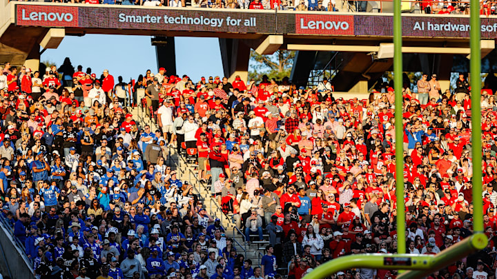 Nov 9, 2024; Raleigh, North Carolina, USA; North Carolina State Wolfpack fans and Duke Blue Devils fans during the first half of the game at Carter-Finley Stadium. Mandatory Credit: Jaylynn Nash-Imagn Images
