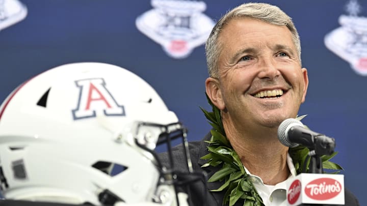 Jul 10, 2024; Las Vegas, NV, USA; Arizona Wildcats head coach Brent Brennan speaks to the media during the Big 12 Media Days at Allegiant Stadium. Mandatory Credit: Candice Ward-USA TODAY Sports