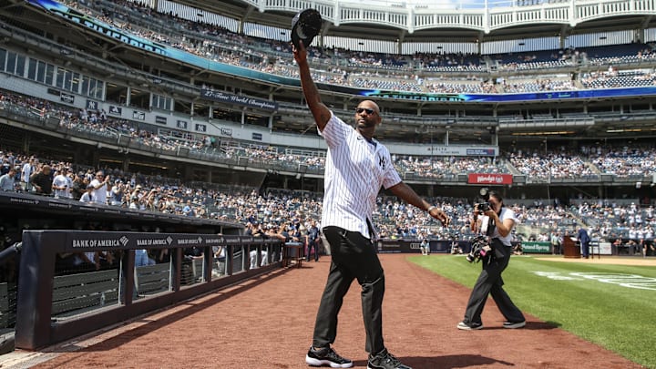 Aug 24, 2024; Bronx, New York, USA;  Former New York Yankees pitcher CC Sabathia is introduced at the Old Timers’ Day Ceremony at Yankee Stadium. 