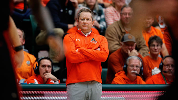 Jan 19, 2024; Fort Collins, Colorado, USA; Colorado State Rams head coach Niko Medved looks on in the second half against the UNLV Rebels at Moby Arena. Mandatory Credit: Isaiah J. Downing-Imagn Images Jan 19, 2024; Fort Collins, Colorado, USA; Colorado State Rams head coach Niko Medved looks on in the second half against the UNLV Rebels at Moby Arena. Mandatory Credit: Isaiah J. Downing-Imagn Images