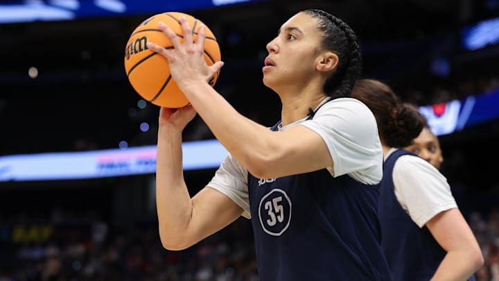 Apr 5, 2025; Tampa, FL, USA; UConn Huskies guard Azzi Fudd (35) practices before the NCAA Woman’s Final at Amalie Arena. Mandatory Credit: Nathan Ray Seebeck-Imagn Images
