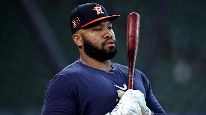 Aug 16, 2024; Houston, Texas, USA; Houston Astros first baseman Jon Singleton (28) prior to the game against the Chicago White Sox at Minute Maid Park