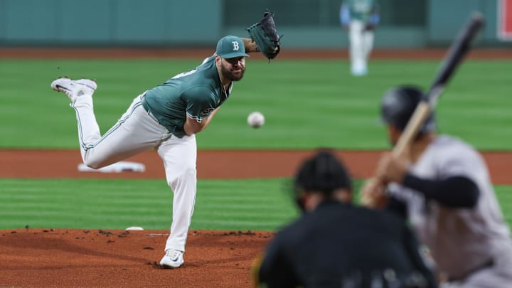 Sep 12, 2025; Boston, Massachusetts, USA; Boston Red Sox starting pitcher Lucas Giolito (54) delivers a pitch during the first inning against the New York Yankees at Fenway Park. Mandatory Credit: Paul Rutherford-Imagn Images