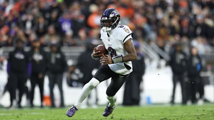 Nov 16, 2025; Cleveland, Ohio, USA; Baltimore Ravens quarterback Lamar Jackson (8) runs for a gain during the first quarter against the Cleveland Browns at Huntington Bank Field. Mandatory Credit: Scott Galvin-Imagn Images