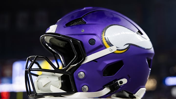 Jan 13, 2025; Glendale, AZ, USA; Detailed view of a Minnesota Vikings helmet during an NFC wild card game at State Farm Stadium. Mandatory Credit: Mark J. Rebilas-Imagn Images Jan 13, 2025; Glendale, AZ, USA; Detailed view of a Minnesota Vikings helmet during an NFC wild card game at State Farm Stadium. Mandatory Credit: Mark J. Rebilas-Imagn Images