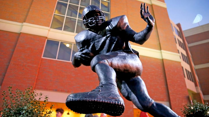 The Barry Sanders statue is pictured before the college football game between the Oklahoma State Cowboys and TCU Horned Frogs at Boone Pickens Stadium in Stillwater, Okla., Saturday, Nov. 13, 2021.
Osu Tcu Fb The Barry Sanders statue is pictured before the college football game between the Oklahoma State Cowboys and TCU Horned Frogs at Boone Pickens Stadium in Stillwater, Okla., Saturday, Nov. 13, 2021.
Osu Tcu Fb