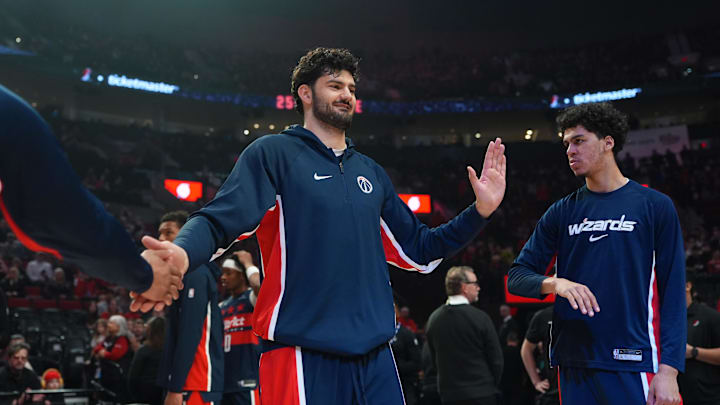 Mar 29, 2026; Portland, Oregon, USA; Washington Wizards forward Tristan Vukcevic (00) is introduced before the game against the Portland Trail Blazers at Moda Center. Mandatory Credit: Soobum Im-Imagn Images