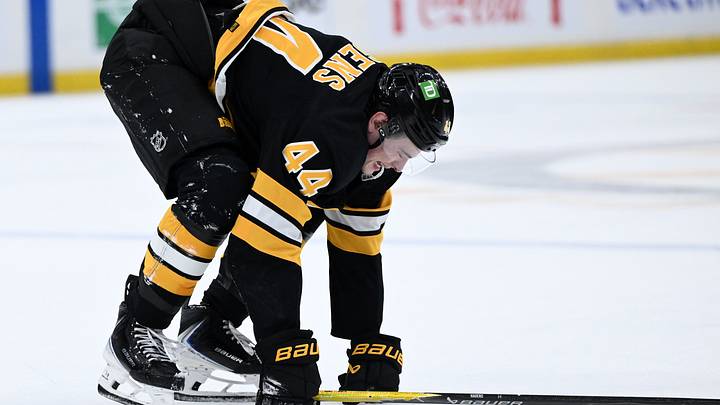 Apr 23, 2026; Boston, Massachusetts, USA; Boston Bruins center James Hagens (44) reacts after being hit by a shot during the second period against the Buffalo Sabres of game three of the first round of the 2026 Stanley Cup Playoffs at the TD Garden. Mandatory Credit: Brian Fluharty-Imagn Images Apr 23, 2026; Boston, Massachusetts, USA; Boston Bruins center James Hagens (44) reacts after being hit by a shot during the second period against the Buffalo Sabres of game three of the first round of the 2026 Stanley Cup Playoffs at the TD Garden. Mandatory Credit: Brian Fluharty-Imagn Images