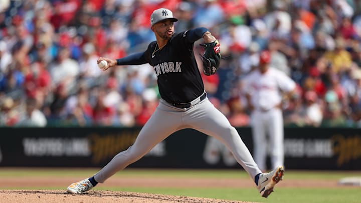 Clearwater, Florida, USA; New York Yankees pitcher Devin Williams (38) throws a pitch against the Philadelphia Phillies in the fourth inning during spring training at BayCare Ballpark.