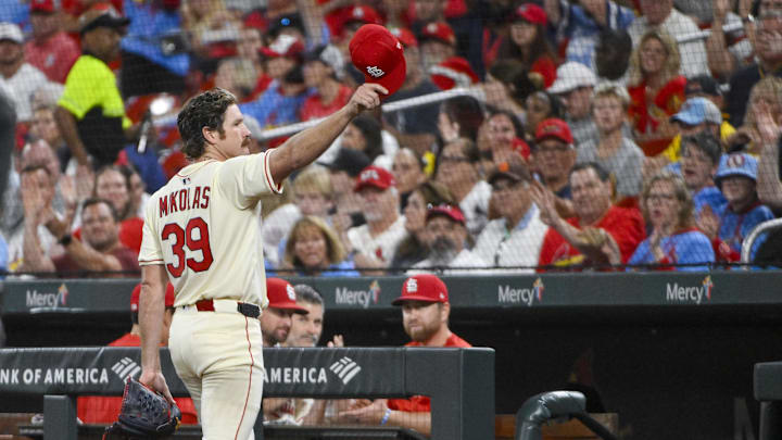 Sep 20, 2025; St. Louis, Missouri, USA; St. Louis Cardinals starting pitcher Miles Mikolas (39) salutes the fans after he was removed from the game during the sixth inning against the Milwaukee Brewers at Busch Stadium. Mandatory Credit: Jeff Curry-Imagn Images Sep 20, 2025; St. Louis, Missouri, USA; St. Louis Cardinals starting pitcher Miles Mikolas (39) salutes the fans after he was removed from the game during the sixth inning against the Milwaukee Brewers at Busch Stadium. Mandatory Credit: Jeff Curry-Imagn Images