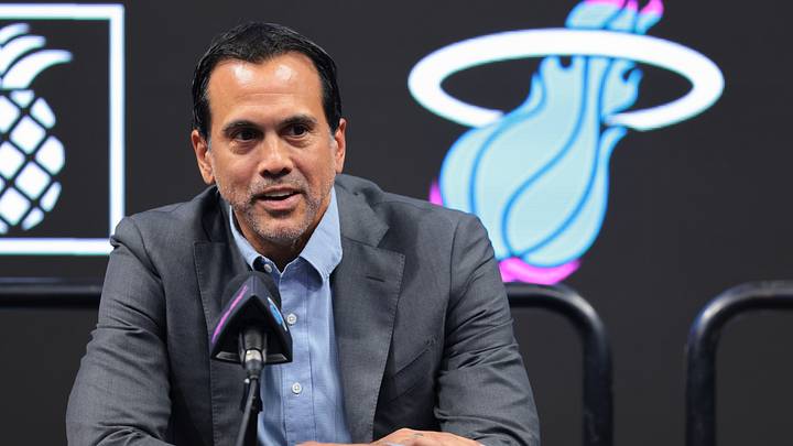 Jul 16, 2026; Miami, FL, USA; Miami Heat head coach Erik Spoelstra speaks to reporters during an introductory press conference for Miami Heat forward Giannis Antetokounmpo (not pictured) at Kaseya Center. Mandatory Credit: Sam Navarro-Imagn Images Jul 16, 2026; Miami, FL, USA; Miami Heat head coach Erik Spoelstra speaks to reporters during an introductory press conference for Miami Heat forward Giannis Antetokounmpo (not pictured) at Kaseya Center. Mandatory Credit: Sam Navarro-Imagn Images