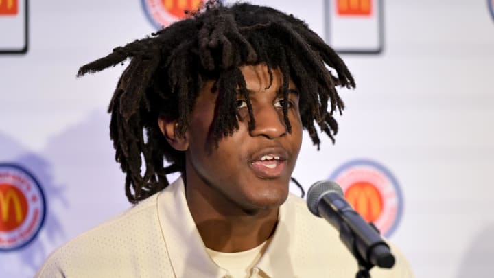 Apr 1, 2024; Houston, TX, USA; McDonald's All American East forward Jayden Quaintance speaks during